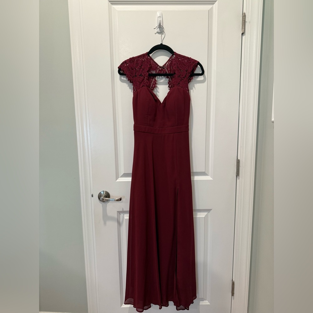 Lulu's Burgundy Floral Lace Sleeve Dress - Open Back